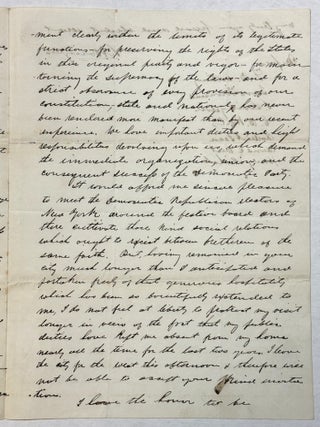 AUTOGRAPH LETTER, SIGNED, TO NEW YORK CITY'S TAMMANY HALL COMMITTEE, REPRESENTING "THE DEMOCRATIC REPUBLICAN ELECTORS OF THE CITY OF NEW YORK," DECLINING WITH REGRET THEIR INVITATION FOR HIS ATTENDANCE AT THEIR DINNER, BUT SETTING FORTH HIS POLITICAL VIEWS.