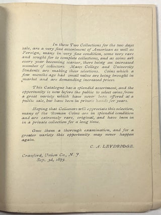 TWO CATALOGUES OF COINS TO BE SOLD AT AUCTION BY NEW YORK CITY FIRM BANGS, MERWIN & CO., 1863 AND 1873.