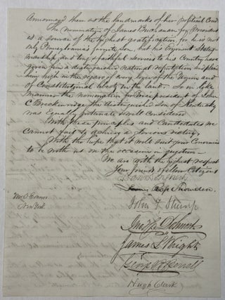AUTOGRAPH LETTER SIGNED, DATED 27 JUNE 1856, FROM PHILADELPHIA, FROM LEADERS OF THE PHILADELPHIA DEMOCRATIC PARTY, INVITING NEW YORK LAWYER AND POLITICALLY ACTIVE NEW YORK IRISH AMERICAN CHARLES O'CONOR TO CELEBRATE JULY FOURTH WITH THEM AT INDEPENDENCE SQUARE IN PHILADELPHIA.