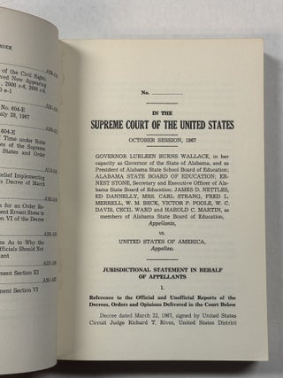 IN THE SUPREME COURT OF THE UNITED STATES, OCTOBER SESSION, 1967, GOVERNOR LURLEEN BURNS WALLACE IN HER CAPACITY AS GOVERNOR OF THE STATE OF ALABAMA AND AS PRESIDENT OF ALABAMA STATE SCHOOL BOARD OF EDUCATION [AND OTHERS], APPELLANTS, VS. UNITED STATES OF AMERICA, APPELLEE. JURISDICTIONAL STATEMENT IN BEHALF OF APPELLANTS.