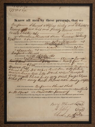 LEGAL DOCUMENT PLACING A LIEN ON 25 ENSLAVED MEN, WOMEN, AND CHILDREN WHO WERE THE PROPERTY OF BENJAMIN SHERROD, DEFENDANT IN A SUIT BROUGHT BY WOODS STACKER & COMPANY: "KNOW ALL MEN BY THESE PRESENTS, THAT WE BENJAMIN SHERROD, ALFRED WILEY, AND CHARLES EWING ARE HELD AND FIRMLY BOUND UNTO WOODS STACKER & CO. IN THE PENAL SUM OF SEVENTEEN THOUSAND SEVEN HUNDRED AND THIRTY EIGHT DOLLARS AND 3 1/2 CENTS. . . WHEREAS CHRISTOPHER C. GERVIN, SHERIFF OF LAWRENCE COUNTY, ALABAMA HATH BY VIRTUE OF A WRIT OF FIRI FACIAS ISSUED OUT OF THE CIRCUIT COURT OF SAID COUNTY ON THE 30TH DAY OF NOVEMBER, 1840 AGAINST THE GOODS AND CHATTELS, LANDS AND TENEMENTS OF THE ABOVE BOUNDEN BENJAMIN SHERROD AT THE SUIT OF THE ABOVE MENTIONED WOODS, STACKER & CO. FOR THE SUM OF EIGHT THOUSAND EIGHT HUNDRED DOLLARS AND 33 CENTS DAMAGE ... LEVIED ON THE FOLLOWING GOODS AND CHATTELS OF THE ABOVE BOUNDEN BENJAMIN SHERROD TO WIT 25 NEGROS TO WIT JIM, CITHY, JACOB, MARIAH, LOWESA, ROSE, LITTLE JACOB, NELSON, BRADFORD, NELLY, WYATE, ELVIRA, LINSY, ARLY, ISHELL, GEORGE, ELISHAH, BLACK, JIM, AMEY, DAVID, THOMAS, ARCH, SANDY, STEPHEN . NOW IF THE ABOVE BOUNDEN BENJAMIN SHERROD SHALL PROCURE AND DELIVER THE ABOVE NAMED GOODS AND CHATTELS TO THE SAID SHERIFF OR OTHER PROPER OFFICER AT COURTLAND ON THE SQUARE ON THE SECOND MONDAY OF JANUARY 1841 . . . THEN THIS OBLIGATION TO BE VOID... SIGNED AND SEALED IN PRESENCE OF [signed] BENJ. SHERROD, A. WILEY AND CHARLES EWING. "