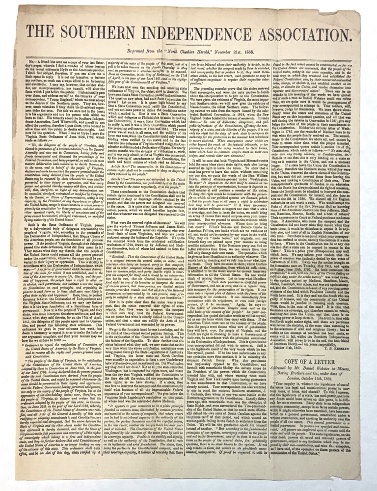 Item #42094 THE SOUTHERN INDEPENDENCE ASSOCIATION. RE-PRINTED FROM THE "NORTH CHESHIRE HERALD," NOVEMBER 21ST, 1863. Southern Independence Association.