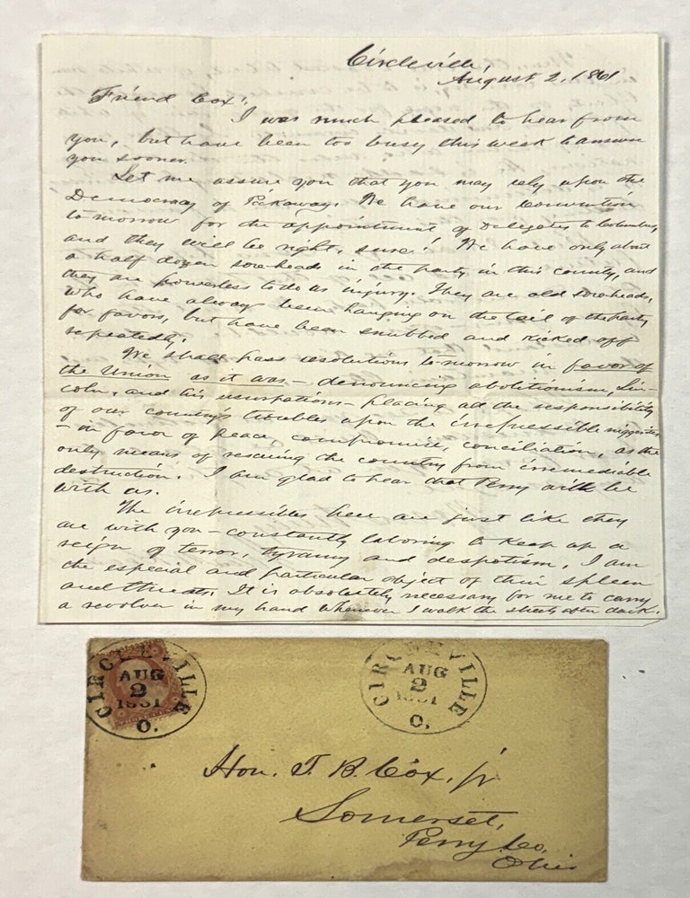 Item #42107 AUTOGRAPH LETTER, SIGNED ON 2 AUGUST 1861 AT CIRCLEVILLE, OHIO, FROM JOHN KEES, EDITOR OF THE CIRCLEVILLE WATCHMAN, "A WEEKLY POLITICAL AND FAMILY NEWSPAPER," TO HIS "FRIEND COX," "DENOUNCING ABOLITIONISM" AND SUPPORTING "THE UNION AS IT IS.". John W. Kees.