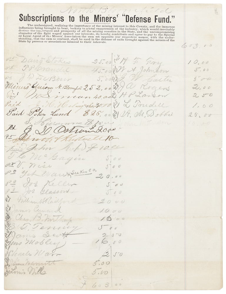 Item #42126 SUBSCRIPTIONS TO THE MINERS' "DEFENSE FUND." THE UNDERSIGNED, REALIZING THE IMPORTANCE OF THE MINING INTEREST TO THIS COUNTY, AND THE IMMENSE INFLUENCES BEING BROUGHT TO BEAR, LOOKING TO A TOTAL SUPPRESSION OF THE INDUSTRY, WHICH WOULD INEVITABLY DESTROY THE IMPORTANCE AND PROSPERITY OF ALL THE MINING COUNTIES IN THE STATE, AND THE UNCOMPROMISING CHARACTER OF THE FIGHT WAGED AGAINST OUR INTERESTS, DO HEREBY CONTRIBUTE AND AGREE TO PAY TO THE SPECIAL OR LOCAL AGENT OF THE MINERS' ASSOCIATION THE SUM SET OPPOSITE OUR RESPECTIVE NAMES, WITH THE UNDERSTANDING, THAT THE SUM SO REALIZED, SHALL BE USED IN THE DEFENCE OF SUITS BROUGHT AGAINST THE MINERS OF THE STATE BY PERSONS OR ASSOCIATIONS INIMICAL TO THEIR INTERESTS. Hydraulic Mining.