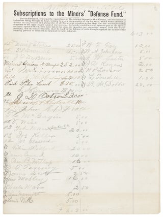 Item #42126 SUBSCRIPTIONS TO THE MINERS' "DEFENSE FUND." THE UNDERSIGNED,...