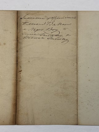 MORGAN COUNTY CONTRACT OF INDENTURE BETWEEN ILLINOIS JUSTICES OF THE PEACE, AND DANIEL AND DEBORAH SMEDLEY OF MORGAN COUNTY, TO WHOM IS PLACED "AN INFANT NEGRO BOY COMMONLY CALLED WILLIAM ALIAS WILLIAM BAKER TWELVE YEARS OLD THE TWENTY SEVENTH DAY OF JULY EIGHTEEN HUNDRED AND THIRTY FOUR, AS AN APPRENTICE TO THE BUSINESS OF FARMING UNTILL HE SHALL ARRIVE AT THE AGE OF TWENTY ONE YEARS, TO WIT, UNTILL THE TWENTY SEVENTH DAY OF JULY EIGHTEEN HUNDRED AND FORTY THREE, AND DO COVENANT AND AGREE THAT SAID WILLIAM SHALL FAITHFULLY SERVE SAID PARTIES. . . AS A FARMING SERVANT AND THAT HE SHALL OBEY ALL THE LAWFUL COMMANDS OF SAID PARTIES AND SHALL STRICTLY PERFORM ALL THE DUTIES WHICH MAY DEVOLVE UPON HIM TOUCHING THE SERVICE AFORESAID." IN EXCHANGE, THE SMEDLEYS SHALL "FURNISH THE SAID WILLIAM WITH FIT AND SUITABLE CLOTHING, FOOD AND LODGING AND THAT THEY WILL TREAT HIM WITH HUMANITY AND CAUSE HIM TO BE TAUGHT TO READ AND FURNISH HIM AT THE EXPIRATION OF HIS TIME OF SERVICE WITH TWO NEW SUITS OF CLOTHING SUITABLE TO HIS CONDITION AND A NEW BIBLE."