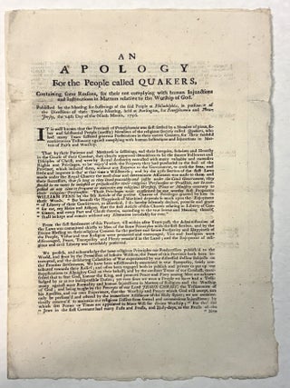 Item #42211 AN APOLOGY FOR THE PEOPLE CALLED QUAKERS, CONTAINING SOME REASONS, FOR THEIR NOT...