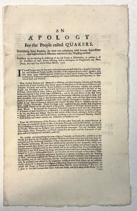 Item #42211 AN APOLOGY FOR THE PEOPLE CALLED QUAKERS, CONTAINING SOME REASONS, FOR THEIR NOT...