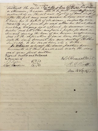 ILLINOIS JUSTICES OF THE PEACE, ON 7 DECEMBER 1840, "PLACE AND BIND OUT ISABELLA ALIAS KITT A NEGRO GIRL AGED ABOUT TWELVE YEARS, WHO HAS NEITHER PARENTS OR GUARDIANS RESIDING IN THIS STATE. AS A SERVANT" TO OWEN M. LONG, "TO BE INSTRUCTED IN THE ARTS AND MYSTERIES OF HOUSEKEEPING, TO LIVE WITH AND SERVE HIM AS A SERVANT FOR THE TERM OF SIX YEARS FROM THE DATE HEREOF, THAT IS TO SAY, UNTIL SHE SHALL ARRIVE TO AND BE OF THE AGE OF EIGHTEEN YEARS." OWEN HAS "ALL THE AUTHORITY, POWER AND RIGHT, TO AND OVER THE SAID ISABELLA ALIAS KITT, AND HER SERVICES DURING SAID TERM, WHICH BY THE LAWS OF THIS STATE A MASTER HATH TO AND OVER A LAWFULLY INDENTURED APPRENTICE." OWEN AGREES "TO TEACH AND INSTRUCT THE SAID ISABELLA ALIAS KITT AS HIS SERVANT, OR OTHERWISE, TO CAUSE HER TO BE TAUGHT TO READ AND TO BE WELL AND SUFFICIENTLY INSTRUCTED IN THE ART AND MYSTERY OF HOUSEKEEPING, AFTER THE BEST WAY AND MANNER HE CAN; AND ALSO TO TRAIN HER TO HABITS OF OBEDIENCE, INDUSTRY AND MORALITY AND PROVIDE FOR AND ALLOW HER MEAL, DRINK, WASHING, LODGING AND APPAREL FOR SUMMER AND WINTER, AND ALL OTHER NECESSARIES PROPER FOR SUCH A SERVANT, DURING THE TERM OF HER SERVICE AS AFORESAID. AND AT THE EXPIRATION OF SAID TERM, WILL GIVE UNTO THE SAID SERVANT TWO NEW SUITS OF CLOTHES SUITABLE TO HER CONDITION, ALSO A BIBLE"