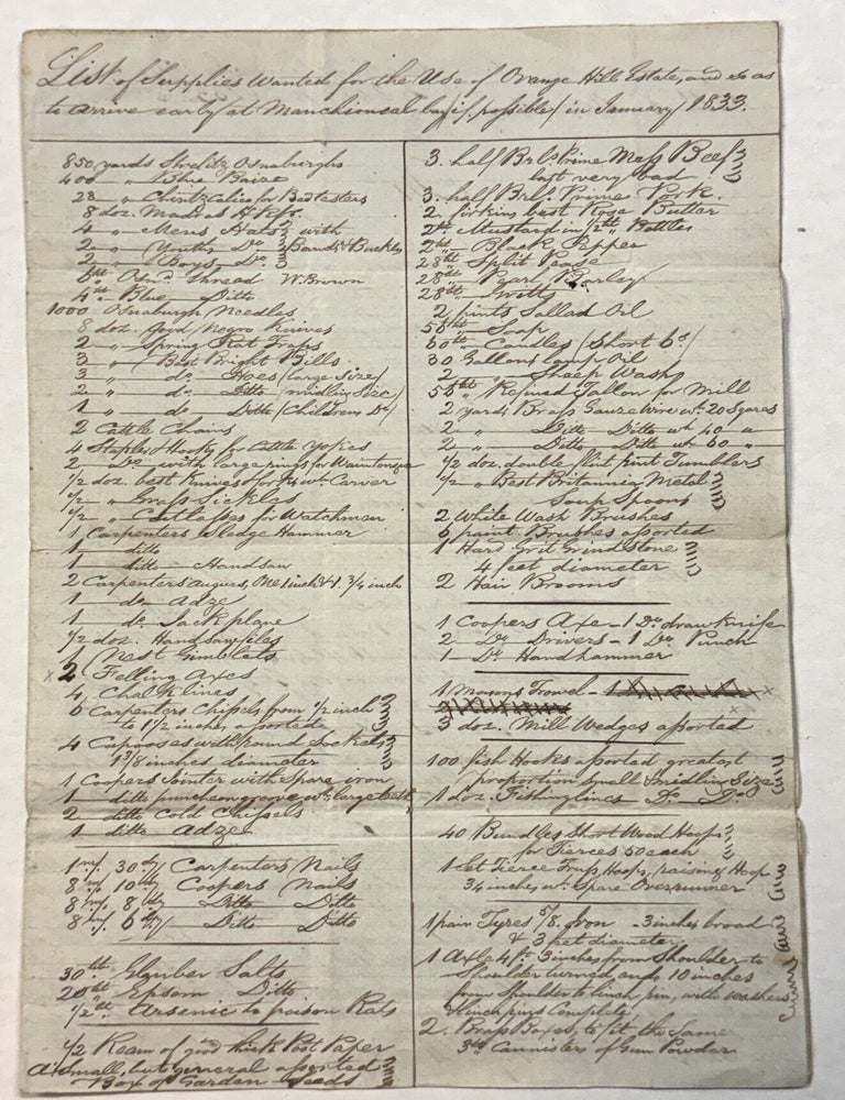 Item #42286 LIST OF SUPPLIES WANTED FOR THE USE OF ORANGE HILL PLANTATION, SO AS TO ARRIVE EARLY AT MANCHIONEAL BAY IN JANUARY 1833. Jamaica Orange Hill Plantation.