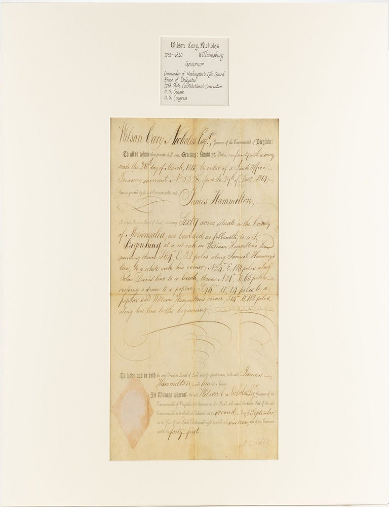 Item #42288 MONONGALIA COUNTY VIRGINIA [NOW WEST VIRGINIA], SIXTY ACRE LAND GRANT, 2 SEPTEMBER 1816, TO JAMES HAMMILTON, BY VIRTUE OF A LAND OFFICE TREASURY WARRANT, SIGNED AS GOVERNOR OF VIRGINIA. Wilson Cary Nicholas.