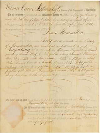 MONONGALIA COUNTY VIRGINIA [NOW WEST VIRGINIA], SIXTY ACRE LAND GRANT, 2 SEPTEMBER 1816, TO JAMES HAMMILTON, BY VIRTUE OF A LAND OFFICE TREASURY WARRANT, SIGNED AS GOVERNOR OF VIRGINIA.