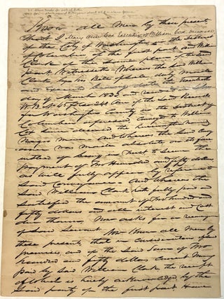 THE ESTATE OF WILLIAM COX OF WASHINGTON, D. C., BY HIS EXECUTOR MARY ANN COX, CONVEYS OWNERSHIP OF THE "SLAVE NAMED PETER, NOW ABOUT TWENTY EIGHT YEARS OF AGE AND A SLAVE FOR LIFE," TO WILLIAM CLARK OF WASHINGTON, D. C.