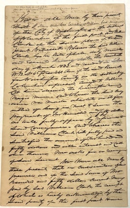 THE ESTATE OF WILLIAM COX OF WASHINGTON, D. C., BY HIS EXECUTOR MARY ANN COX, CONVEYS OWNERSHIP OF THE "SLAVE NAMED PETER, NOW ABOUT TWENTY EIGHT YEARS OF AGE AND A SLAVE FOR LIFE," TO WILLIAM CLARK OF WASHINGTON, D. C.