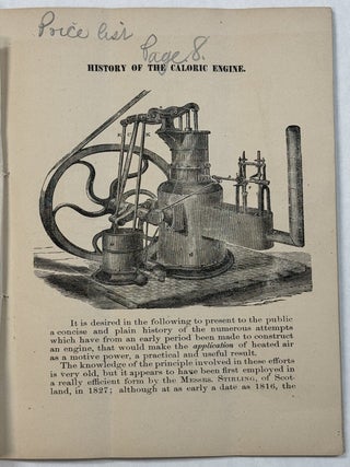 ROPER CALORIC ENGINE CO. INCORPORATED 1869. MANUFACTURERS OF CALORIC OR HOT AIR ENGINES, UPON ENTIRELY NEW PRINCIPLES. OFFICE & SHOWROMS, NO. 49 CORTLANDT ST., NEW YORK.