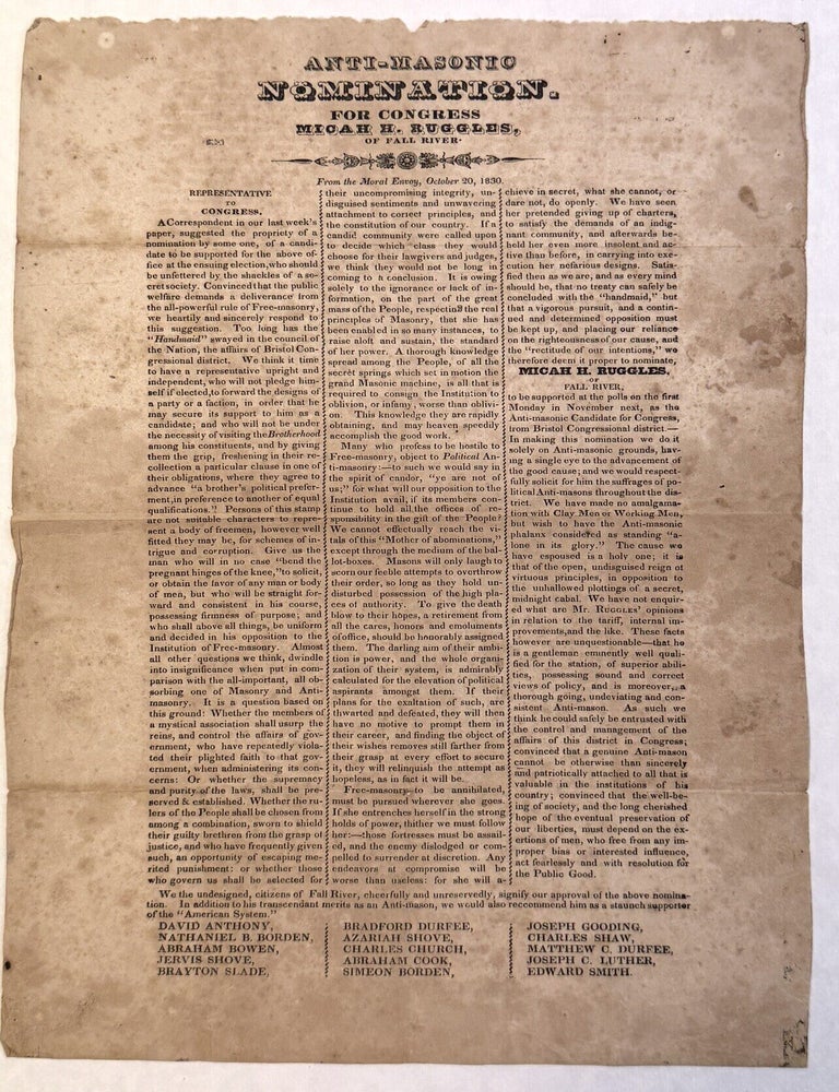 Item #42342 ANTI-MASONIC NOMINATION. FOR CONGRESS MICAH H. RUGGLES, OF FALL RIVER. FROM THE MORAL ENVOY, OCTOBER 20, 1830. Anti-Masonic Party.