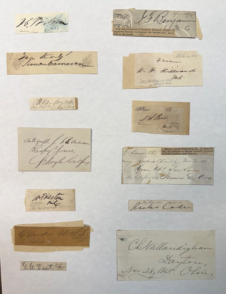 Item #42375 AUTOGRAPHS OF TWELVE PROMINENT MEN ENGAGED IN MILITARY OR POLITICAL SERVICE DURING THE AMERICAN CIVIL WAR. Civil War Autographs.