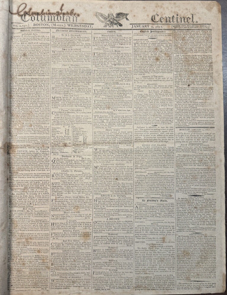 Item #42381 FULL YEAR OF THE COLUMBIAN CENTINEL, 2 JANUARY - 28 DECEMBER 1811, 103 [OF 104] ISSUES, LACKING ONLY THE 26 JUNE ISSUE. Benjamin Russell.