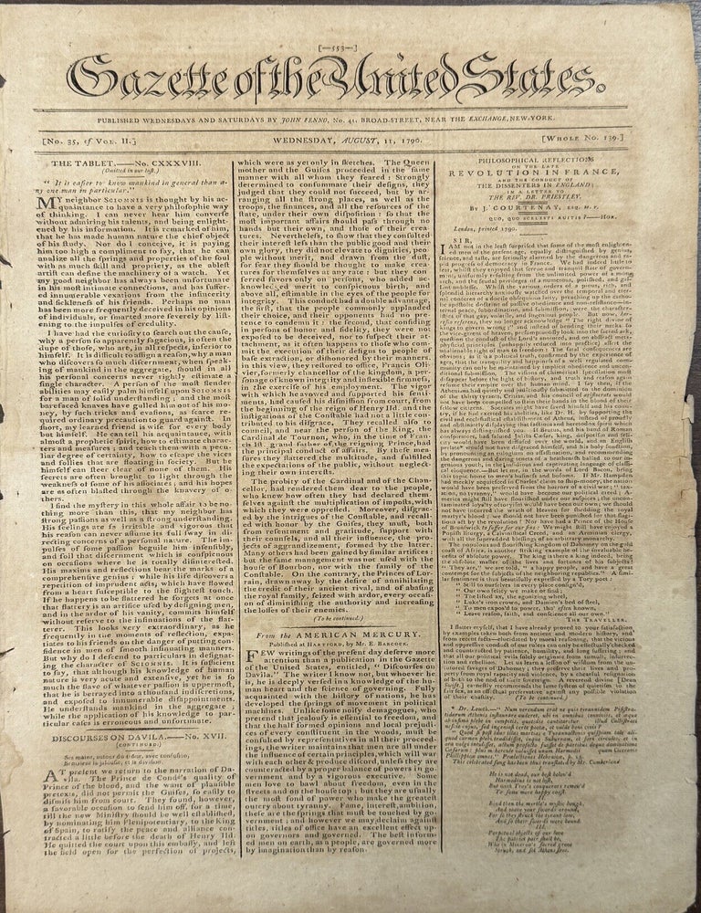 Item #42385 GAZETTE OF THE UNITED STATES, WEDNESDAY, AUGUST 11, 1790, PRINTING PRESIDENT GEORGE WASHINGTON'S REPLY TO THE ADDRESS OF THE CONVENTION OF THE UNIVERSAL CHURCH, UNEQUIVOCALLY ENDORSING RELIGIOUS LIBERTY AND "FREE INQUIRY" FOR EVERY PERSON. George Washington.