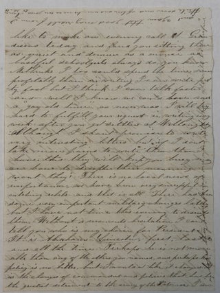 HELENA, ARK. MARCH 27TH "64. DEAR COUSIN HATT, YOUR KIND LETTER OF THE 9TH INST CAME TO HAND. . . WE ARE ON DUTY MORE OR LESS NEARLY EVERY DAY, IN FACT WE HAVE HAD BUT LITTLE LEISURE TIME SINCE WE CAME HERE. THEY HAVE KEPT US CHASING GUERRILLAS OR STANDING PICKET NEAR ALL THE TIME. I TELL YOU HATT WE LOOK FORWARD WITH A GOOD DEAL OF IMPATIENCE TO THE 7TH OF AUGUST NEXT. I DON'T KNOW AS IT IS HARDLY RIGHT FOR ME TO SO ARDENTLY DESIRE A DISCHARGE FROM THE SERVICE OF MY COUNTRY WHILE SHE IS STILL IN NEED OF SOLDIERS BUT I CANT HELP IT. . . I HAVE DONE A GREAT DEAL OF HARD SERVICE. BUT MY PATRIOTISM IS NOT COOLED A WHIT, NEITHER IS MY FAITH IN THE JUSTICE OF OUR CAUSE. . . THERE HAS BEEN SOME VERY IMPORTANT MILITARY CHANGES LATELY BUT I HAVE NOT TIME THIS EVENING TO DISCUSS THEM. WITHOUT A MOMENTS HESITATION I CAN TELL YOU WHO IS MY CHOICE FOR PRESIDENT. IT IS ABRAHAM LINCOLN, FIRST, LAST, & ALL THE TIME. PERHAPS HE IS NOT MORE ABLE THAN ANY OF THE OTHERS YOU NAMED, AND PERHAPS HIS POLICY IS NO BETTER, BUT I WOULDN'T LIKE IT CHANGED. IT IS THE CHANGES OF COMMANDERS AND POLICIES THAT HAVE BEEN THE GREATEST DETRIMENT TO THE ARMY OF THE POTOMAC.