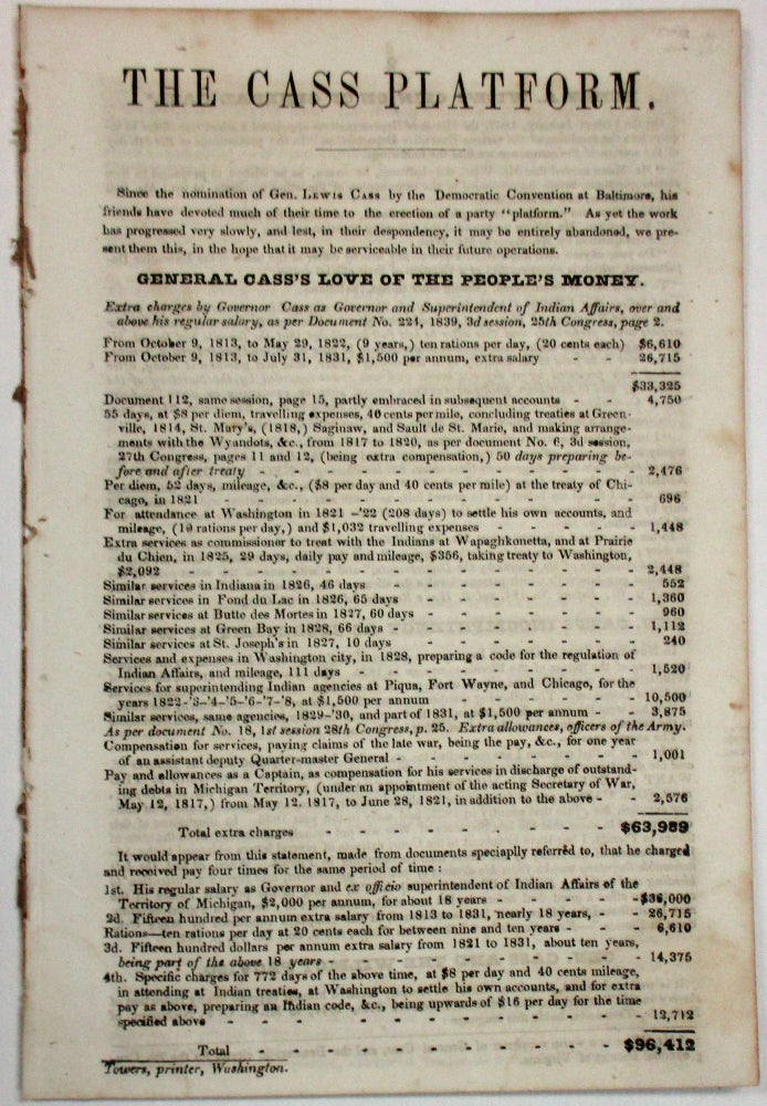 Item #6729 THE CASS PLATFORM. Election of 1848.